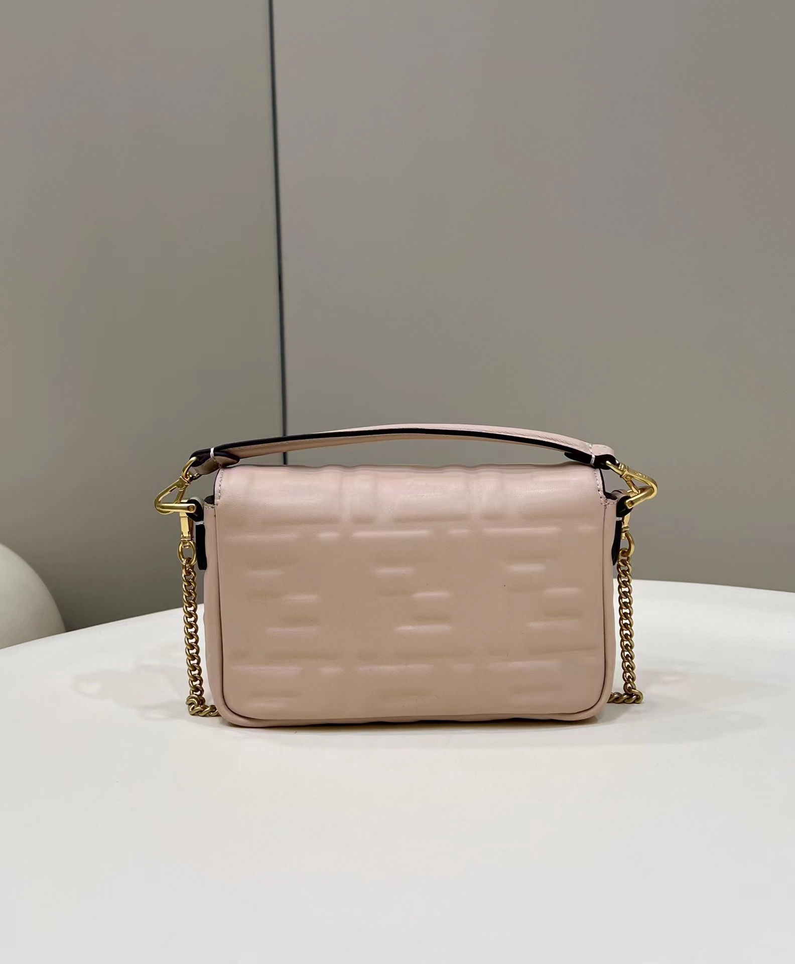 Fendi Mini Baguette Nappa Leather 3D-effect FF Shoulder Bag Shrimp Pink